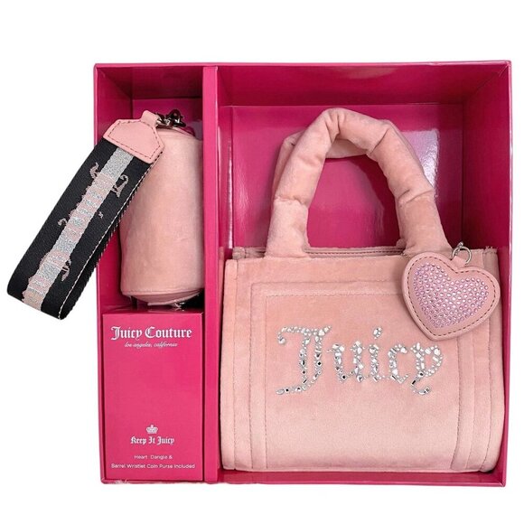 Juicy Couture Big Spender Pink Mini Tote Bag w/Barrel Wristlet & Heart Bag Charm - Picture 6 of 10